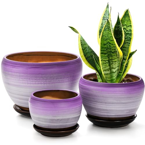 SOUJOY 3er-Set Keramik-Blumentöpfe, Gartenpflanztopf mit Drainagelöchern und Untersetzer, 1,2 cm, lila, rund, Sukkulenten, Kräuter, Kaktus, Übertopf für drinnen und draußen