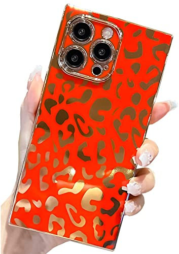 KERZZIL Elegant Compatible with iPhone 13 Pro Max Square Edge Case, Cute Luxury Leopard Pattern Plating Case Camera Protector Soft TPU Shockproof Protective Corner Back Cover(Red)