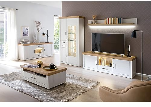 Lomadox Wohnzimmer Set mit LED Beleuchtung in Pinie weiß mit Eiche Nb. inkl. rollbaren Couchtisch, Sideboard, Kombi-Vitirine, Wandregal und TV Element im Landhaus Stil