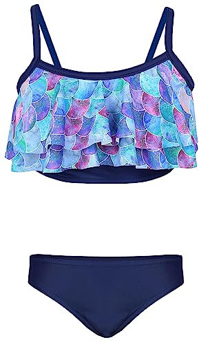 Aquarti Mädchen Bikini Set Bustier Bikinislip Zweiteiliger Badeanzug, Farbe: 030A mit Rüschen/Meerjungfrau Lila/Dunkelblau, Größe: 116