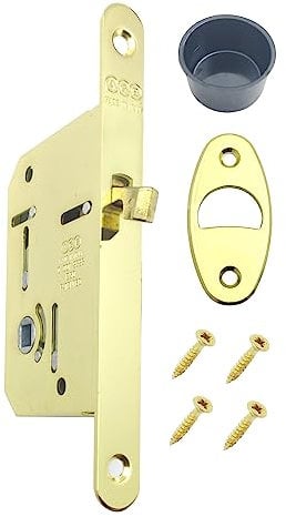 AGB,Cerradura para puertas correderas de baño y WC, cerradura de embutir en puertas interiores correderas, modelo con 1 solo agujero cuadrado asa. Frente redondo 16x160 mm. (latón brillante)