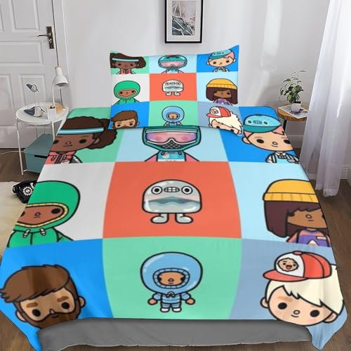 VOLDAX Toca Boca Welt Bettwäsche Set Spiele Bettbezug Set Für Kinder Jungen Mädchen Weich Atmungsaktiv Microfaser Betten Set Mit Reißverschluss Und Kissenbezug 2 Teilig Sets Single(135x200cm)