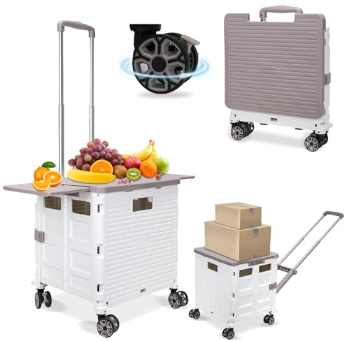 SELORSS BY10WX Foldable Shopping Trolley on 4 Wheels, 55L/80KG Large Capacity, Upgrade Flat Pull Style Collapsible Mobility Box Rolling Cart with Extended Lid, Grocery Dolly for Camping/Teacher, White
