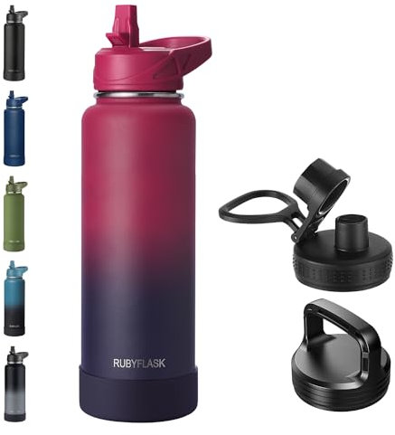 RUBYFLASK 40oz Insulated Water Bottle with Straw, Stainless Steel Metal Vacuum Water Flask, Large Thermal Water bottle with Leakproof 3 Lids for Travel, Camping, Gym Sports Dark Rainbow