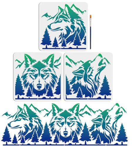 MAYJOYDIY 3 Stück Wolf Bergwald Schablone 30 x 30 cm Spleißen Großer Wald Wildtier Schablonen Mit Pinsel Bergkiefer Zeichenvorlage Für Bastelmöbel Wand