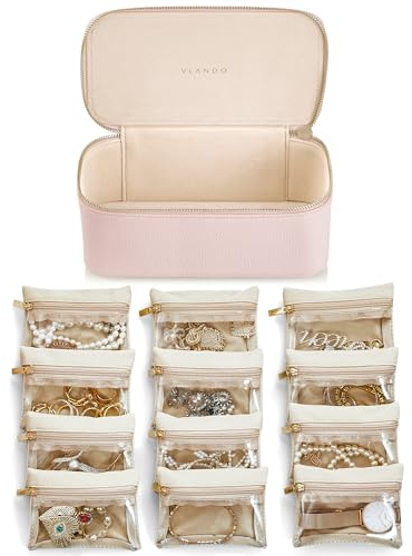 Vlando Reise schmuckkasten, Modern Schmuckkästchen mit 12 Schmuckbeutel, Reise Schmuck organizers aus Leder, Transparente Samtbeutel, Schmuck-Etui für Frauen, Mädchen, Geschenk, Rosa