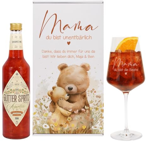 Herz & Heim® Glitter Geschenkset mit graviertem Glas, Geschenkbox und Glitter Spritz Flasche, Motivauswahl, personalisiert (Muttertag - Unentbärlich)