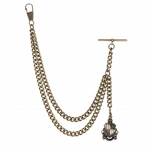 Holy Sins Jewelery Taschenuhrkette mit Schildanhänger, bronzefarben, Gold, Antike Bronze; viktorianische Eleganz; Schlüsselanhänger mit Wappen.