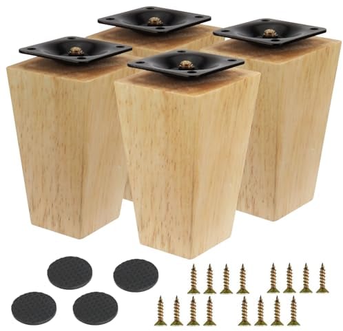 Fomiata 4 Stück Möbelfüße Holz Möbelbeine 10cm, Massivholz Beine Aus Eiche mit Montageplatten, Schrauben und Filzgleiter,für Sofa Bett Schrank Couch Stuhl (Original Holzfarbe)