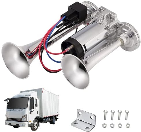 Air Horn 12V, 600DB Super Loud Car Horn, Double Tube Train Horn with Compressor, Airhorn for Truck, Train, Car, Van (Silver)