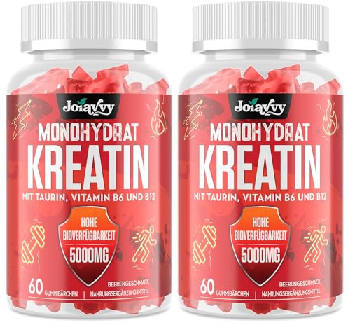 Gominolas de Creatina Monohidrato, 5000 mg de Creatina Monohidratada por cada Dosis, Potenciador Preentrenamiento, Más Práctico que el Polvo, Sabor a Bayas, Vegano (60 Unidad (Paquete de 2))