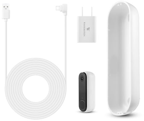 Wasserstein Power adapter (5.2V 2A) with L-shaped USB-C cable (25ft) and back plate, compatible with Arlo 2K Video Doorbell (2nd Gen) (White) (doorbell not included)