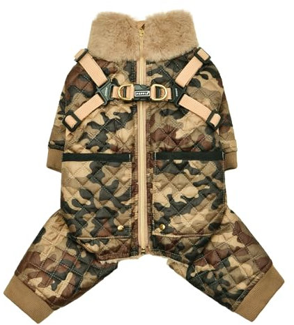 Puppia Bylur Winter-Overall mit Stehkragen, durchgehendem Reißverschluss, warm, mit integriertem Geschirr, für kleine und mittelgroße Hunde, Beige, Größe L