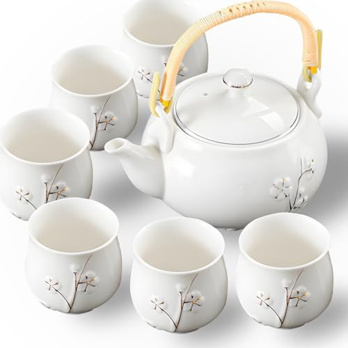 Prefdo Japanese Porcelain Tea Set with 1 Teapot, 6 Tea Cups, Cute Asian Tea Set Kung Fu Tea Service for Women/Men/Tea Lover (Cherry Blossom Pattern)
