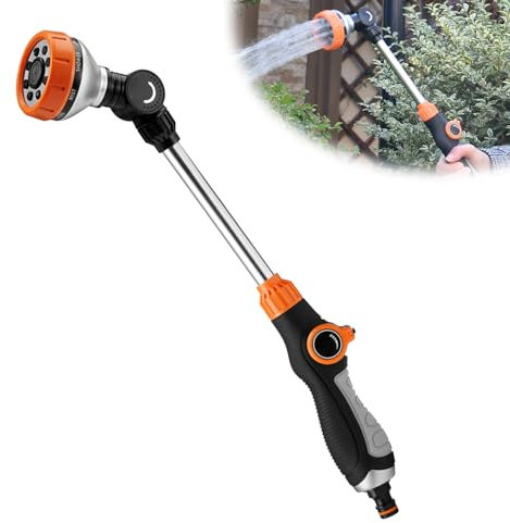 Forbabe Varilla de riego de 47 cm de largo, alcachofa de mano para jardín, ducha con 8 imágenes de pulverización, control de pulgar, manguera de jardín, boquilla extraíble