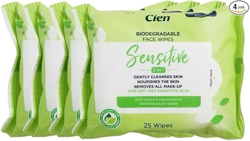 Cien | Sensitive - 3 IN 1 | Biodegradable Face Wipes | For Dry and Sensitive Skin | With Vitamin E and ALmond Oil | 25 Wipes × 4 [BUNDLE]
