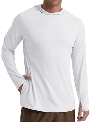 QIXING Männer UV Shirt Herren Langarm UPF50+ Rashguard Mit Kapuze Sonenschutz Für Angeln Wandern & Outdoor (Weiß, M)