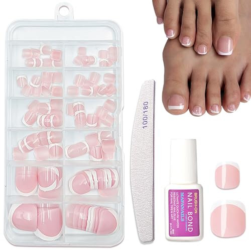120PCS False Toenails Set - French Tip Toe Nails False with Glue - Short Stick on Toenails - Nude Pink Fake Toe nails Extensions - Acrylic Press on Toe Nails for Big Little Toe