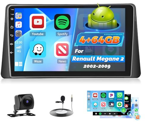 Roinvou 4+64G Radio Coche para Renault Megane 2 2002-2009 Carplay Inalámbrico Android Auto, Android 15 Pantalla Radio 2DIN 9 Pulgadas con MirrorLink Bluetooth WiFi GPS 32EQ RDS/FM SWC Cámara