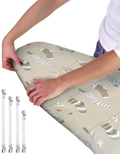 Ironing Board Cover - Universal Fit - 120 x 40cm + 4 pack Ironing Board Fitting Clips (Beige Socks)
