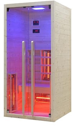 GLOBAL RELAX® | DHARANI S1 Indoor Infrared Sauna for 1 Person | Spruce Wood | Adjustable Temperature | LED Lighting | 1550W Power | 3D Integrated Sound | Eliminates Toxins | Muscle Relaxation