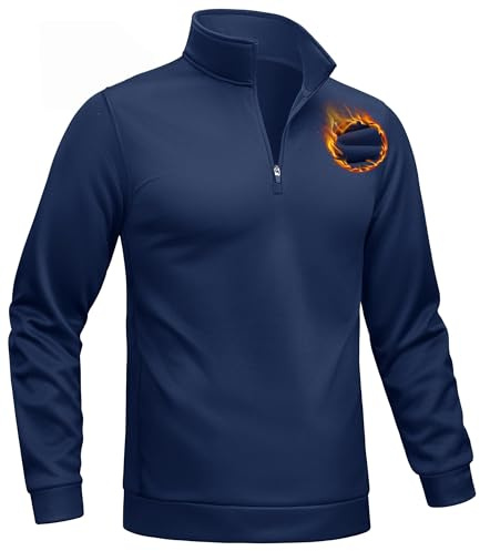 TACVASEN Fleece Pullover Sport Oberteil Ski Shirt Herren Langarm Thermo Pullover Fahrrad mit Stehkragen Männer Navy L