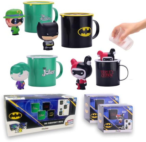 #sbabam Funny Box DC Squishy Mug, Tasse mit Squishy DC Comics Figuren, 2 Stück - Batman, Joker, Riddler, Harley Quinn Tassen - Objekthalter, Kinderspiele am Kiosk, Geschenk für Kinder +3