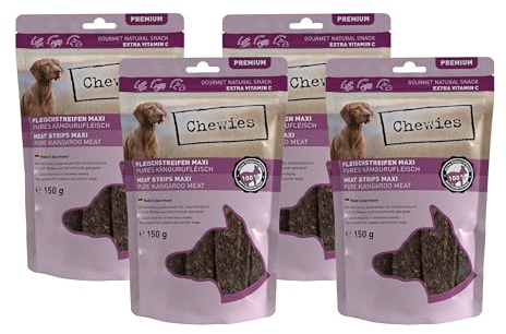 Chewies Fleischstreifen Maxi Hundeleckerli aus 100% Kängurufleisch - 4 x 150 g - luftgetrocknete Känguru Kaustreifen für Hunde - zuckerfrei & getreidefrei - Dörrfleisch vom Känguru