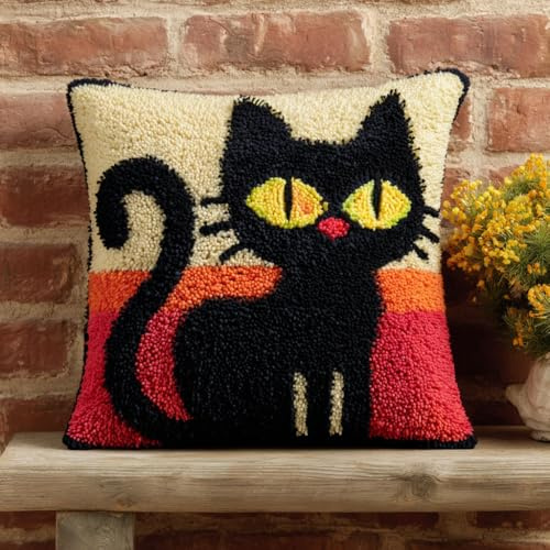 Henypt Kits Gancio di Chiusura fai-da-te, Animale Gatto Nero Kit per Cuscini con Ganci di Chiusura Kits per Cucito 43x43cm