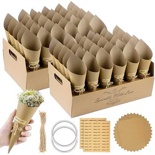 KALBIGRO 60 Pezzi Coni Portariso Matrimonio, Kraft Coni Riso Matrimonio con 2 Portacoriandoli, Coni Portariso Portaconfetti per Matrimonio Nozze Comunione Compleanno, Marrone