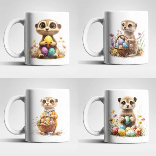 WS-Trend Ostern Erdmännchen Tassen Set 325 ml – 4 Motive mit Ostereiern & Blumen – Kaffeetasse/Teetasse Geschenkidee zu Ostern für Familie, Kinder & Kollegen, Anzahl der Artikel: Erdmännchen-01
