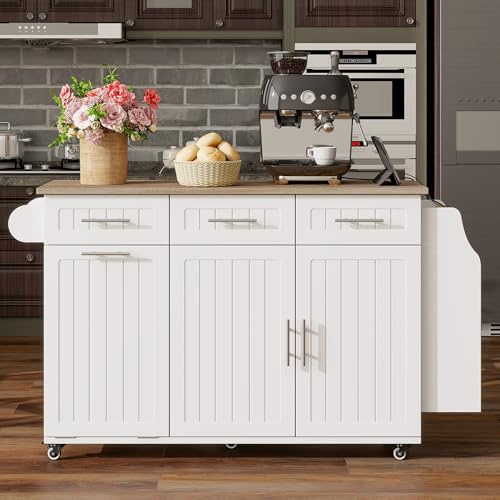 kozamas Table de Cuisine Mobile avec Plan de Travail Extensible - Meuble Roulant de Préparation avec Rangement, Poubelle Intégrée et USB - Gain de Place pour Cuisine Compacte, Blanc