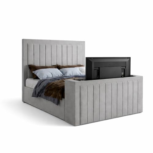 Grey King Size TV Bed Frame with Storage TV Bed – Ottoman King TV Bed Frame with Remote-Controlled TV Lift – Plush Velvet Fabric – Supportive 54 Headboard, Bed with Gas Lift Storage & 40 Footboard