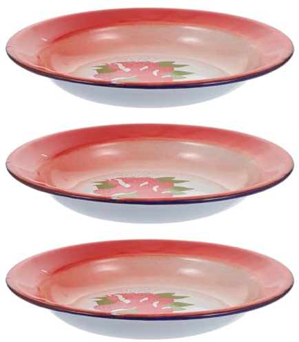 LOPUNER Piatti da Portata Vintage in Ferro Smaltato 3 Pezzi Rossi | Motivo Floreale, Stile Cinese Retrò, per Bar e Picnic, Adatti a Snack, Dolci e Torte Stile Casuale