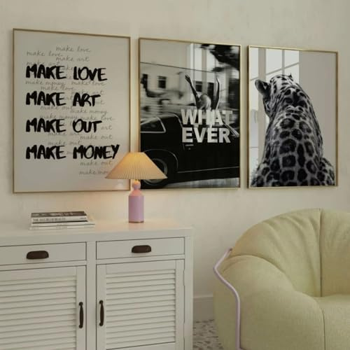 Xiyocadt 3er Poster Set, Black & White Leopard Print Unframed Canvas Wall Art, Retro Fashion Posters for Living Room & Entryway (30x40 cm,A)