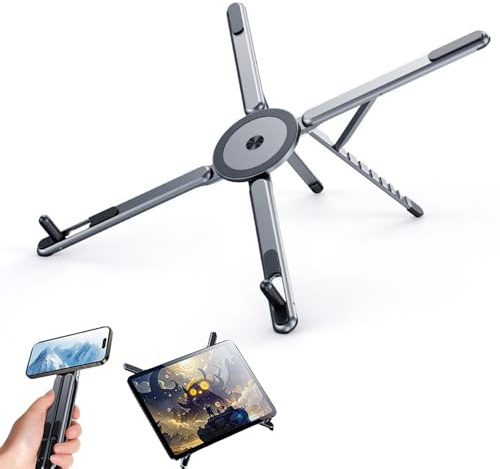 FYKTIK 3 in 1 Portable Laptop Stand, Foldable Aluminium Laptop and Tablet Stand, Adjustable Magnetic Phone Holder for Laptop, iPad, Tablet and Smartphone Use (Grey)