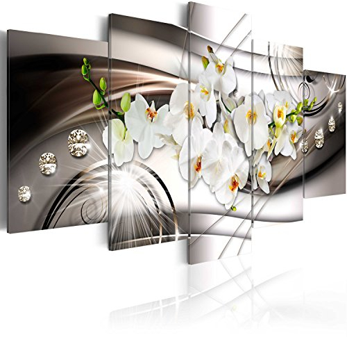 B&D XXL - Wandbilder XXL Abstrakt 200x100cm 5 tlg - Wand Deko Leinwand Bilder Groß Wanddeko Wohnzimmer Schlafzimmer Kunstdrucke - Blumen Orchidee Diamant b-A-0238-b-n