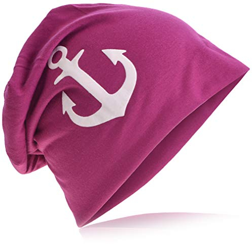 Miobo Jersey Slouch Beanie mit Anker Style, Herren Damen,Einheitsgröße,weissAnker Orchidee