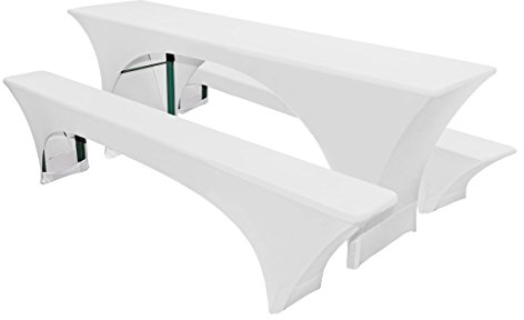 MODERNO gepolsterte Stretch Festzeltgarnitur Set 5tlg Biertischhussen 50er Bierbank Hussen elastische 220x50cm Bierbankhussen Weiss 2 Bierbank Polster
