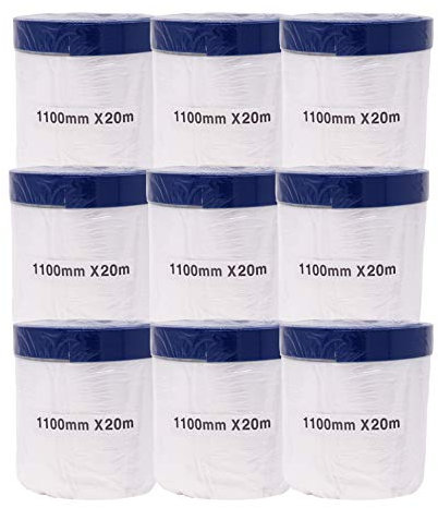 gws 9 Rollen Abdeckfolie für Maler- und Gipsarbeiten, Malerfolie mit Klebeband, Maskerband mit starker Haftung & einfach entfernbar 1100 mm x 20 m