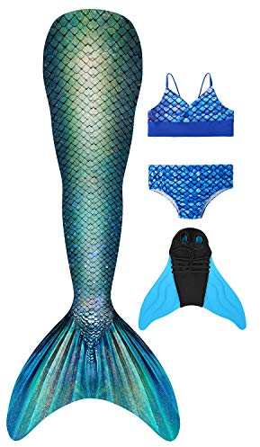 FOLOEO Meerjungfrauenflosse Mädchen Meerjungfrau Flosse Meerjungfrau Bademode mit Monoflosse und Bikini, 4 Stück Set, Mehrfarbig (Md24), 150