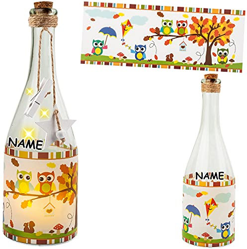 alles-meine.de GmbH 3 Stück Glas - Lichterflaschen Motiv frei wählbar 6 Stück LED lustige Eulen & Pilze inkl. Name - Timer Funkiton - LICHT Dekoflaschen/Flaschen - 28..