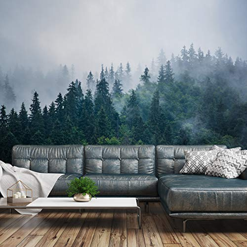Muralo Tapete Selbstklebend Wald, Nebel, Landschaft, Bäume - 254x184 cm | Stimmungsvolle Fototapete, Blätter und Natur, lebendige Farben - ideal für Wohnzimmer und Schlafzimmer, Eine ruhige Waldoase