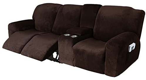 Atack-B 3 Plazas Funda De Sofá Reclinable Elástica De 10 Piezas, Terciopelo con Bolsillos Inferiores Y Laterales Elásticos, para La Funda del Sillón Elástica para Sofá con Portavasos (Marrón)