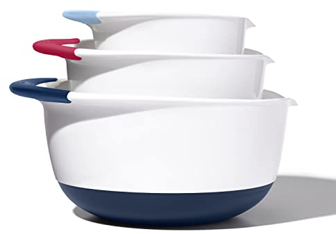 OXO,Plastic Good Grips 3-Piece Mixing Bowl Set – Blueberry, Jam & Seltzer Handles,4.7 LITERS, Large