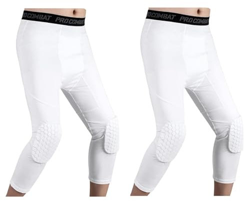 HULG Pantaloni da Basket con Ginocchiere,Pantaloni da Basket da Uomo con Ginocchiere 3/4 Capri Imbottiti Leggings A Compressione Leggings Protezioni Sportive (XXL,White)
