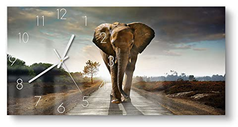 DEQORI Glasuhr | vertikal 60x30 cm | Motiv Elefant auf Asphalt | große XXL Design Uhr aus Glas | leise Wanduhr für Wohnzimmer & Küche | moderne Hingucker Uhr für die Wand