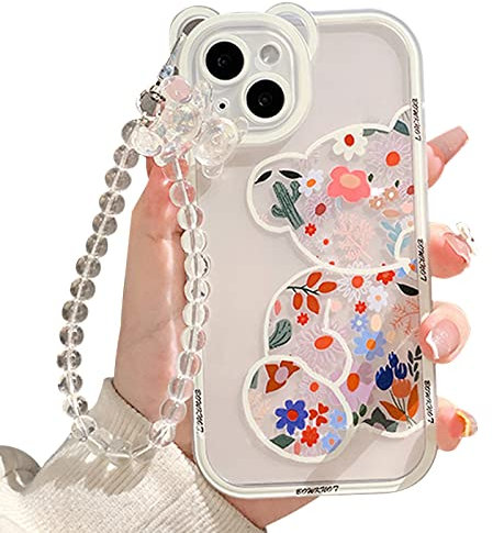 NITITOP Compatible for iPhone 14 Plus Case with Bear Ears Clear Cute Flower Pattern Floral with Lovely Bracelet Chain for Girls Women Soft TPU Shockproof Protective Girly-Bear