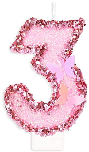 Geburtstagskerzen Zahlen 3, Schmetterling Kerzen Geburtstag, Personalisierte Geburtstagskerzen Kinder, Rosa Tortendeko 3 Geburtstag, Glitzernde Kuchendeko für KinderGeburtstags, Erwachsenen-Jubiläum