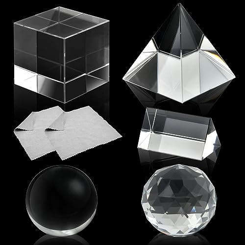 Supkiir 5 Pack K9 Optical Crystal Photography Prism Set with Crystal Ball Glass Triangular Prism Cube Lens Prism Ball and Optical Pyramid, Portable Rainbow Prism for Photos and Teaching Light Spectrum
